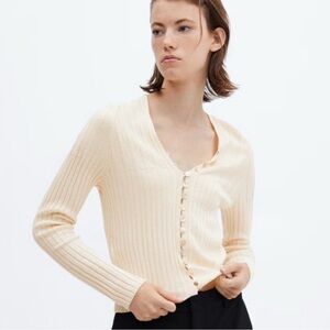 Mango Cream Ribbed Button-Front Cardigan